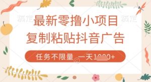 最新零撸小项目，复制粘贴抖音广告即可挣钱，平台大水，任务不限量，一天数张【揭秘】-泱泱学习社