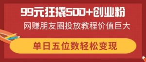 99元狂撬500+创业粉，网赚朋友圈投放教程价值巨大，单日五位数轻松变现-泱泱学习社