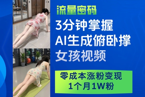 3分钟掌握AI生成俯卧撑女孩视频，零成本涨粉变现，1个月1W粉-泱泱学习社