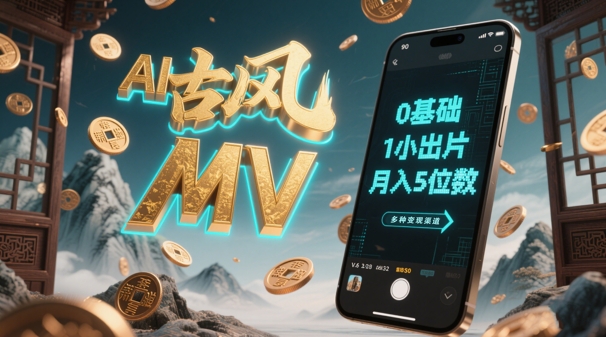 AI一键生成古风音乐MV，0剪辑基础1小时出片，多种变现渠道，一部手机月入5位数-泱泱学习社