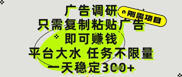 广告调研项目，只需复制粘贴广告即可挣钱，平台大水，任务不限量，一天3张【揭秘】-泱泱学习社