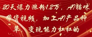 20天爆力涨粉1.2W，AI猫咪带货视频，加上AI产品种草，变现能力杠杠的-泱泱学习社