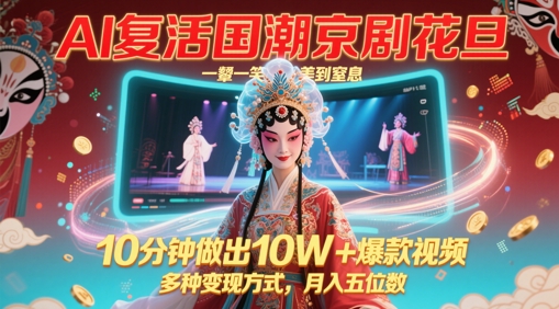 AI复活国潮京剧花旦，一颦一笑美到窒息，10分钟做出10W+爆款视频，多种变现方式，月入五位数-泱泱学习社