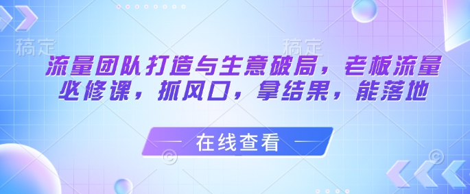 流量团队打造与生意破局，老板流量必修课，抓风口，拿结果，能落地-泱泱学习社