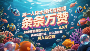 第一人称水族代言视频，条条万赞，20条作品涨粉8.5万，多种变现方式月，入五位数-泱泱学习社