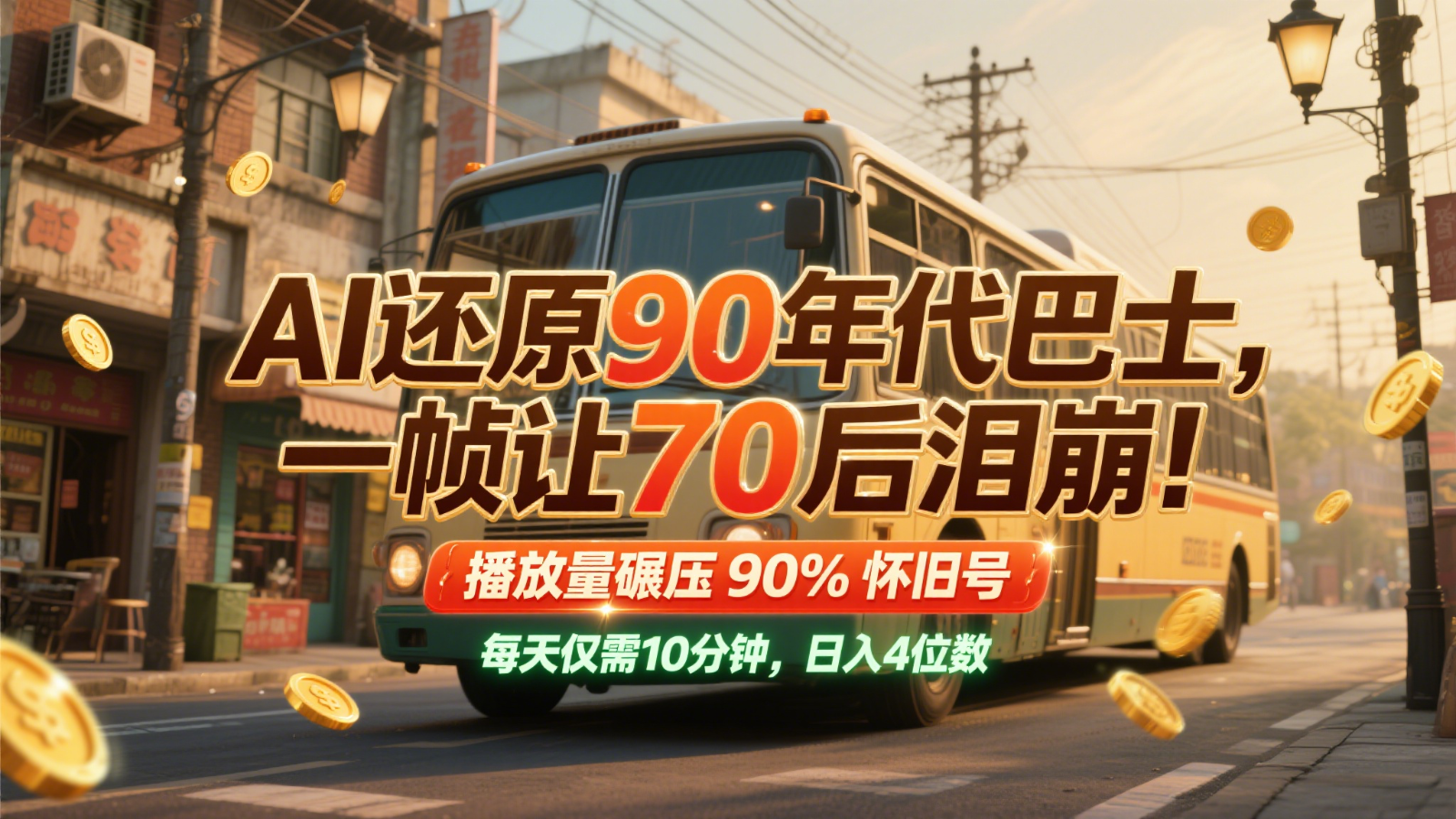 AI还原90年代巴士，一帧让70后泪崩！播放量碾压90%怀旧号，每天10分钟，日入4位数-泱泱学习社