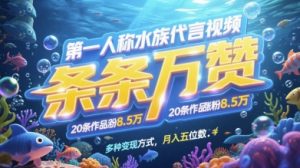 第一人称水族代言视频，条条万赞，20条作品涨粉7.8W，多种变现方式月入五位数-泱泱学习社