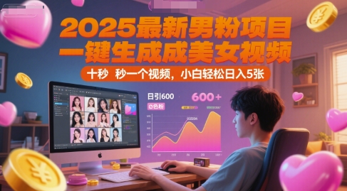 2025最新男粉项目，一键生成美女视频，日引600+色粉 十秒一个视频，小白轻松日入5张【揭秘】-泱泱学习社