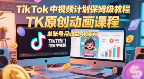 TikTok中视频计划保姆级教程，TK原创动画课程，单账号月收益4k美刀-泱泱学习社