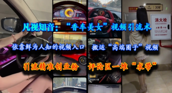 凡视知音：“香车美女”视频引流术，依靠鲜为人知的视频入口，搬运“高端圈子”视频，引流精准创业粉，评论区一堆“求带”-泱泱学习社