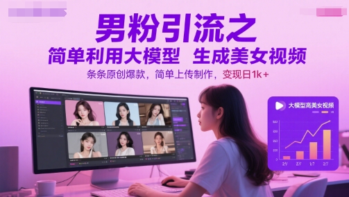 男粉引流之简单利用大模型生成美女视频，条条原创爆款，简单上传制作，变现日1k+-泱泱学习社
