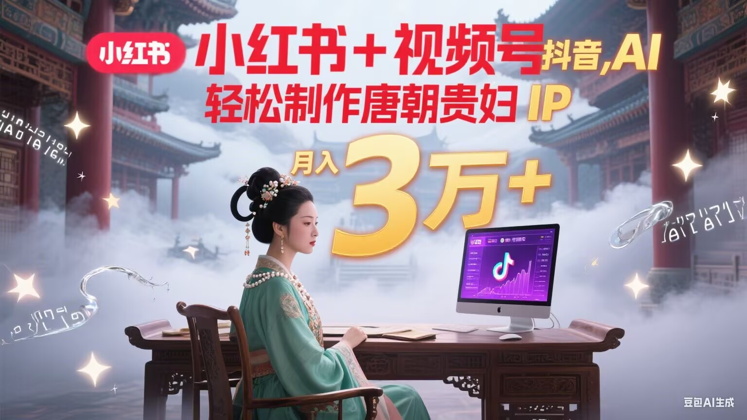 小红书+视频号+抖音，AI轻松制作唐朝贵妇IP，毒鸡汤、励志、减肥瘦身、养生赛道轻松切入，每天30分钟，轻松产出N条，月入3万+-泱泱学习社