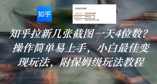 知乎拉新几张截图一天4位数？操作简单易上手，小白最佳变现玩法，附保姆级玩法教程-泱泱学习社
