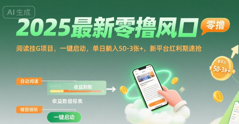 2025最新零撸风口，阅读挂G项目，一键启动，单日躺入 50-3张+，新平台红利期速抢【揭秘】-泱泱学习社
