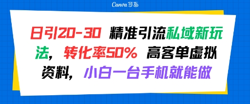 日引 20-30 精准引流私域新玩法，转化率50% 高客单虚拟资料，小白一台手机就能做-泱泱学习社