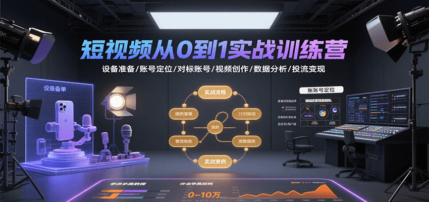 短视频从0到1实战训练营：设备准备/账号定位/对标账号/视频创作/数据分析/投流变现-泱泱学习社