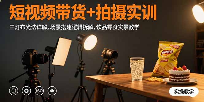短视频带货+拍摄实训：三灯布光法详解,场景搭建逻辑拆解,饮品零食实景教学-泱泱学习社