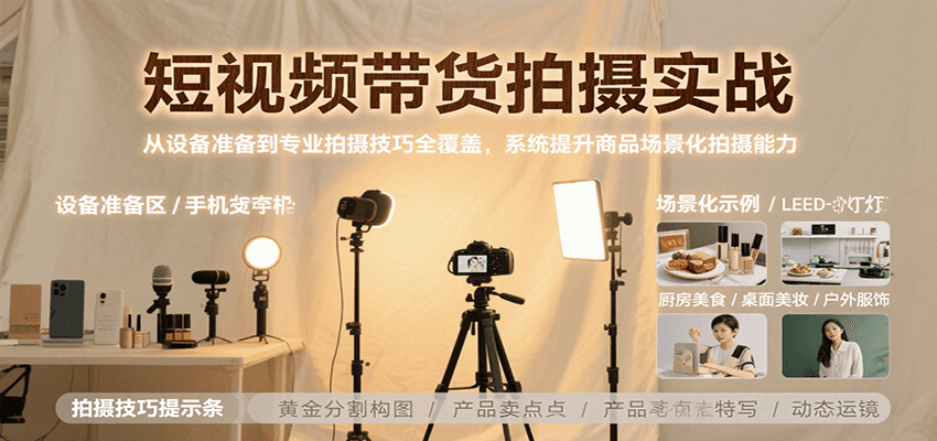 短视频带货拍摄实战，从设备准备到专业拍摄技巧全覆盖，系统提升商品场景化拍摄能力-泱泱学习社