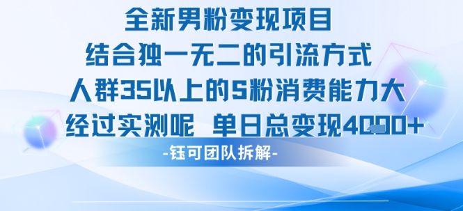 全新男粉变现项目引流人群35以上的男粉消费能力大 经过实测单日变现1k+-泱泱学习社