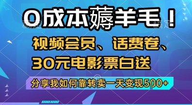 0成本薅羊毛!视频会员、话费卷、30元电影票白送，分享我如何靠转卖一天变现5张+【揭秘】-泱泱学习社