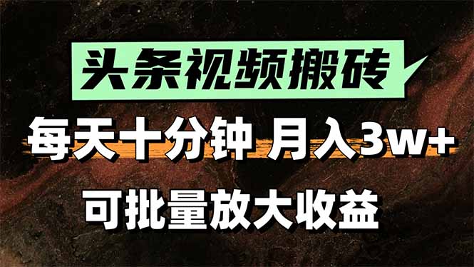 头条视频搬砖，每天10分钟，小白轻松月入3万+，可批量放大收益-泱泱学习社