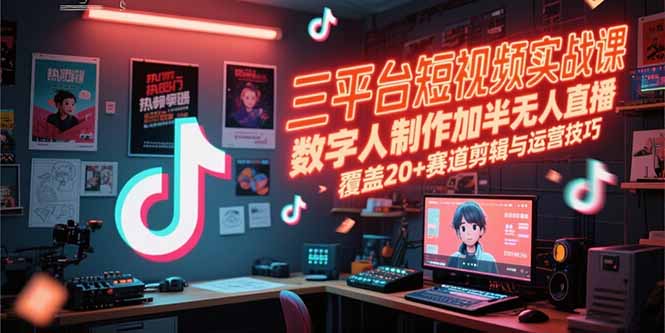 三平台短视频实战课，数字人制作加半无人直播，覆盖20+赛道剪辑与运营技巧-泱泱学习社