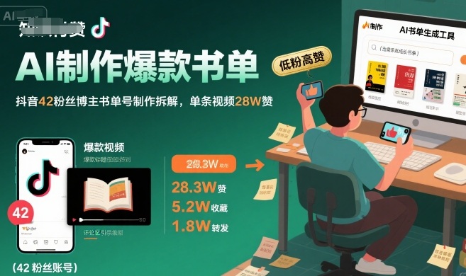AI制作爆款书单，抖音42粉丝博主书单号制作拆解，单条视频28W赞-泱泱学习社
