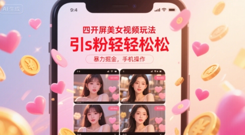 四开屏美女视频玩法，引s粉轻轻松松，暴力掘金，手机操作【揭秘】-泱泱学习社