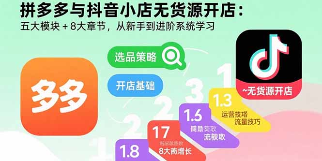 拼多多与抖音小店无货源开店：五大模块+8大章节，从新手到进阶系统学习-泱泱学习社
