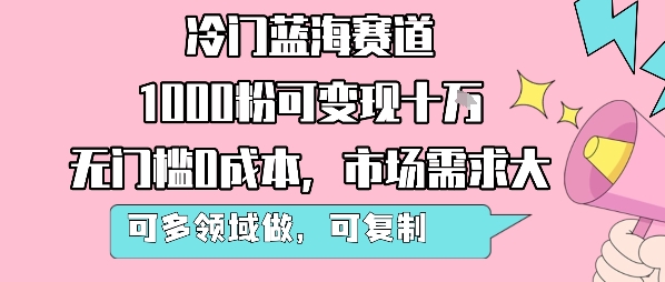 冷门蓝海赛道，1000粉可变现十W，无门槛0成本，市场需求大，可多领域做，可复制性强-泱泱学习社