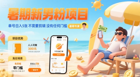 暑期新男粉项目 单号日入5张 不需要剪辑  没有任何门槛-泱泱学习社