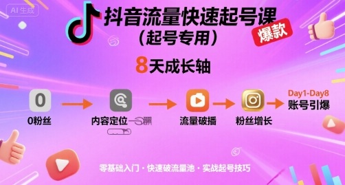 抖音流量快速起号课(起号专用)，8天带你做爆自己的账号-泱泱学习社