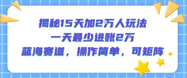 揭秘15天加2W人玩法，一天最少2万进账，蓝海赛道，操作简单，可矩阵-泱泱学习社
