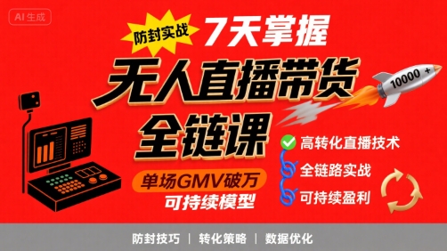 无人直播带货全链防封实战课，7天掌握高转化直播技术，实现单场GMV破万可持续模型-泱泱学习社