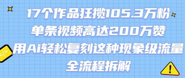 17个作品狂揽105.3W粉，单条视频高达200W赞，用Ai轻松复刻这种现象级流量!(全流程拆解)-泱泱学习社