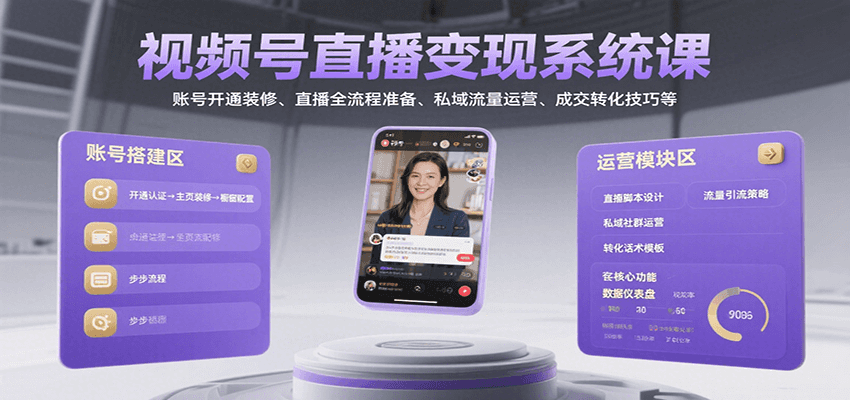 视频号直播变现系统课，账号开通装修、直播全流程准备、私域流量运营、成交转化技巧等-泱泱学习社