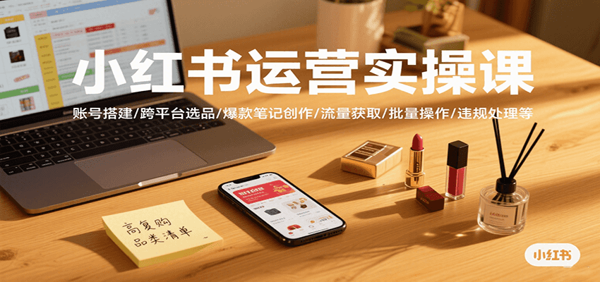 小红书运营实操课，账号搭建/跨平台选品/爆款笔记创作/流量获取/批量操作/违规处理等-泱泱学习社