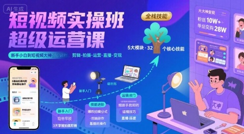 短视频实操班超级运营课，新手小白到短视频大神必修课程，剪辑-拍摄-运营-直播-变现-泱泱学习社