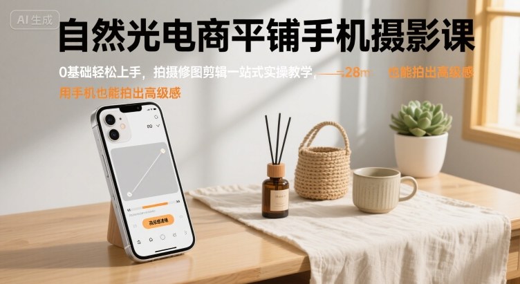 自然光电商平铺手机摄影课，0基础轻松上手，拍摄修图剪辑一站式实操教学，用手机也能拍出高级感-泱泱学习社