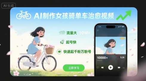 AI制作女孩骑单车治愈视频，流量大，起号快，快速起千粉万粉号-泱泱学习社