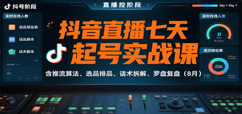 抖音直播七天起号实战课：含推流算法、选品排品、话术拆解、罗盘复盘(8月)-泱泱学习社