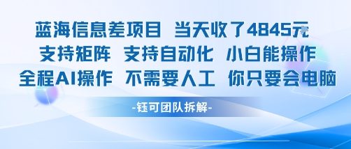 蓝海信息差项目当天收米1k+ 支持矩阵支持自动化小白能操作全程AI操作不需要人工你只要会电脑-泱泱学习社