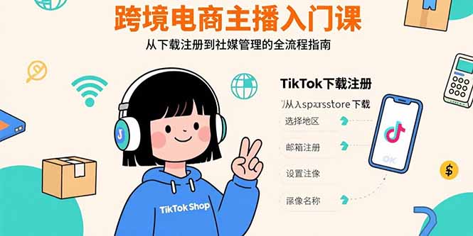 跨境电商主播入门课，TikTok下载注册，支付工具配置，社媒账号管理全流程-泱泱学习社