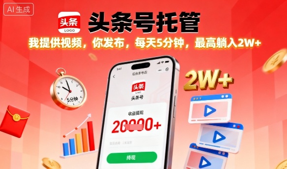 【头条号托管】我提供视频，你发布，每天5分钟，最高躺入2W+【揭秘】-泱泱学习社