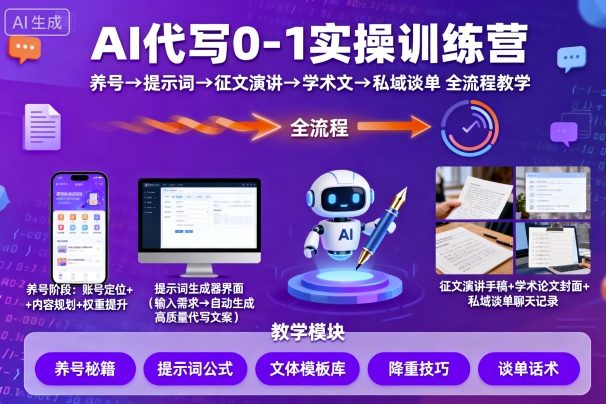 AI代写0-1实操训练营，从养号、提示词、征文演讲、学术文，到私域谈单的全流程教学-泱泱学习社