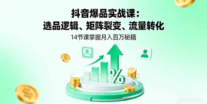 抖音爆品实战课：选品逻辑、矩阵裂变、流量转化，14节课掌握月入百万秘籍-泱泱学习社