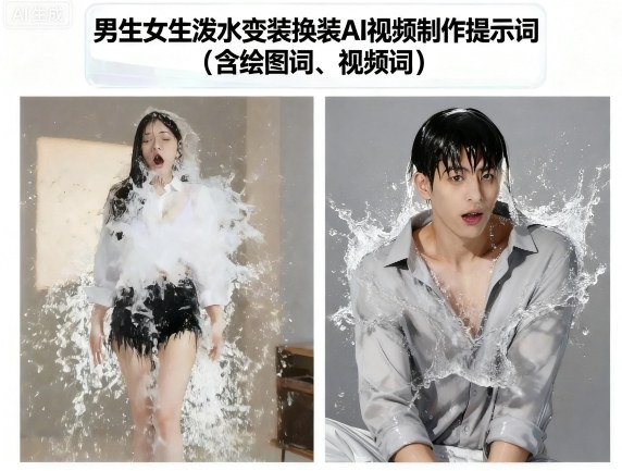 男生女生泼水变装换装AI视频制作提示词(含绘图词、视频词)-泱泱学习社