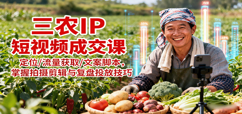 三农IP短视频成交课：定位/流量获取/文案脚本，掌握拍摄剪辑与复盘投放技巧-泱泱学习社