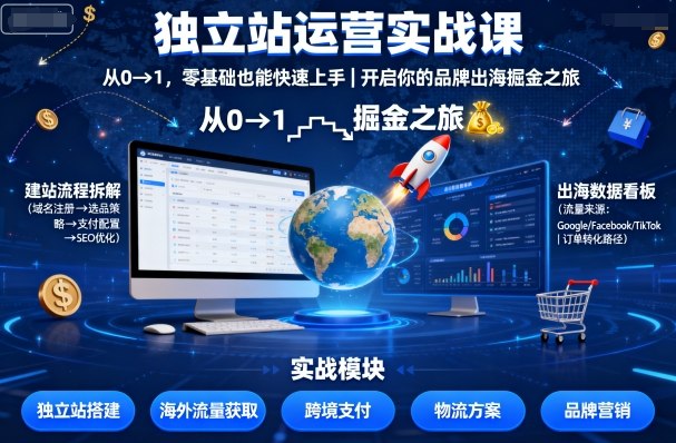 独立站运营实战课，​从0到1，零基础也能快速上手，开启你的品牌出海掘金之旅-泱泱学习社