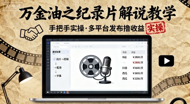 万金油之纪录片解说教学，手把手教你，完全实操，多平台发布撸收益-泱泱学习社